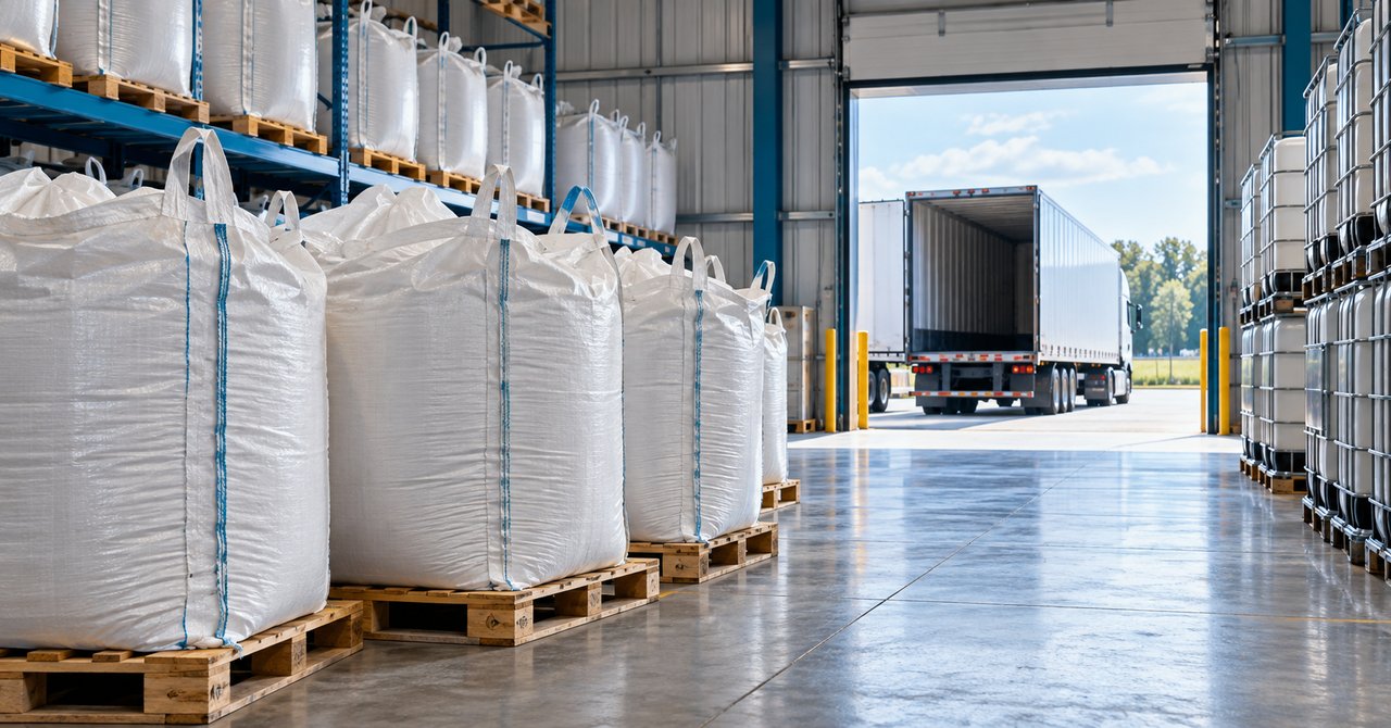 Bulk bags on pallets in an orderly warehouse, with a truck positioned outside the open loading bay.