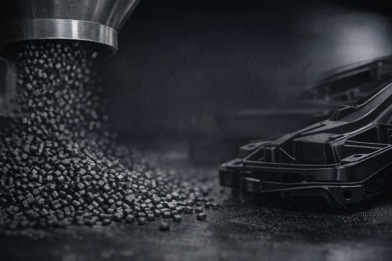 Engineering-grade plastic resin pellets and molded component used in North American manufacturing and specialty materials trading