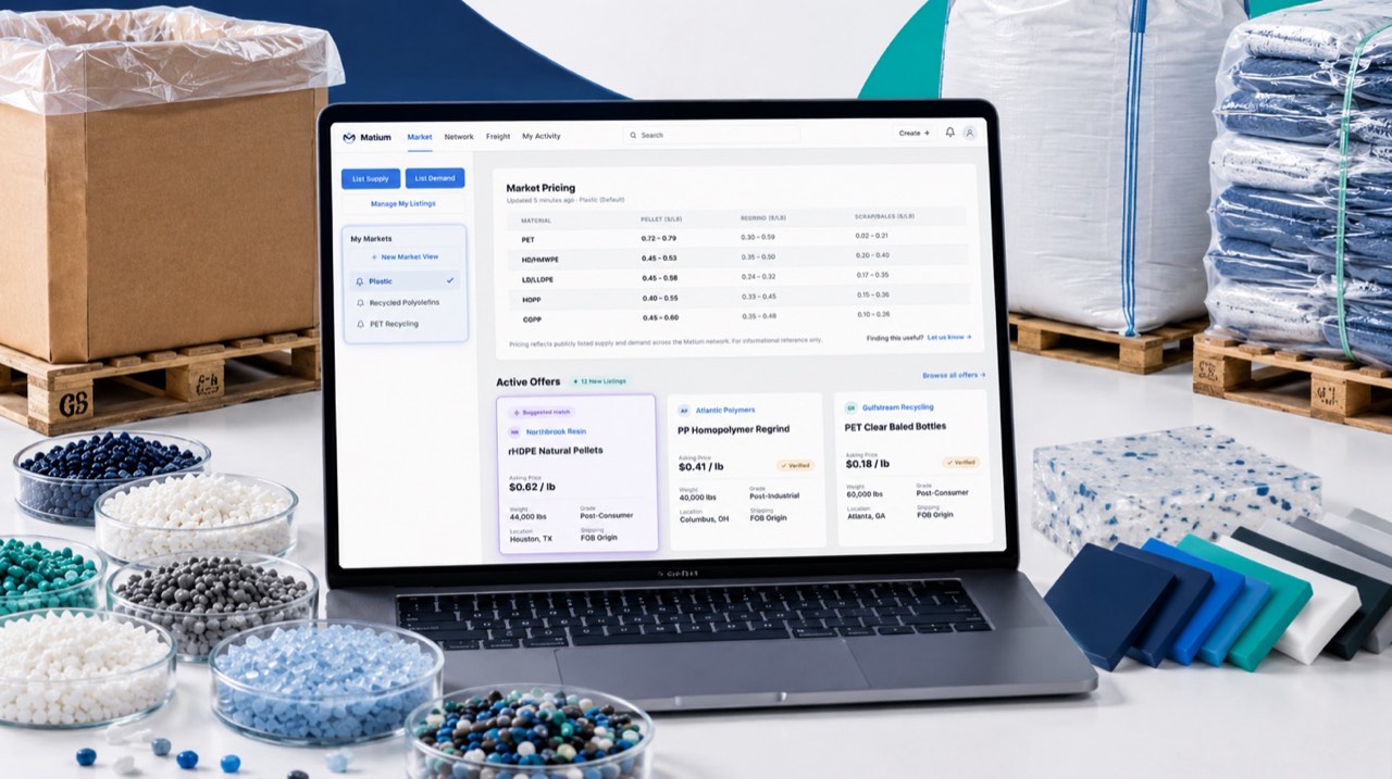 Laptop showing the Matium platform with market pricing and active resin offers, surrounded by plastic pellets, regrind, and baled material