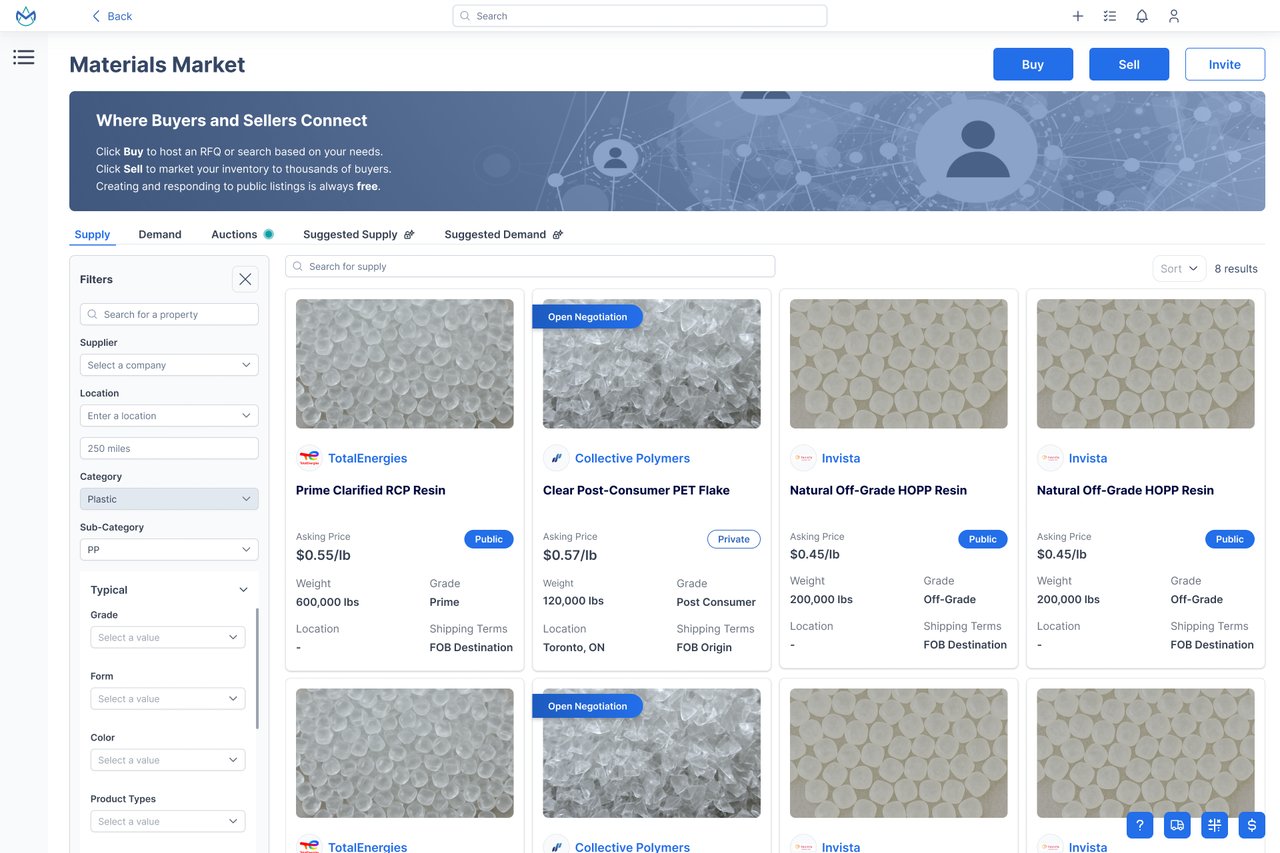Matium plastics marketplace showing resin supply listings with pricing and filters