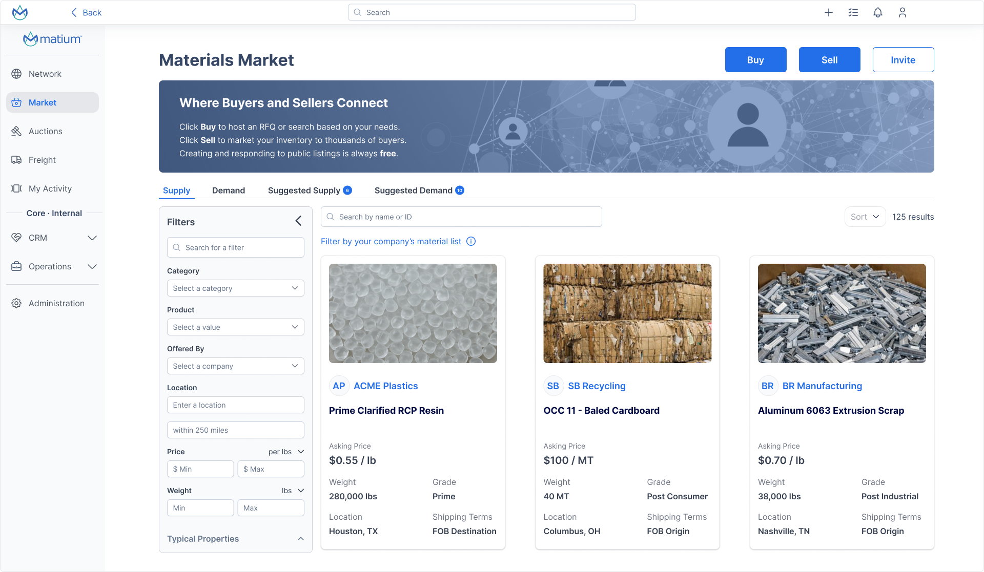 Marketplace listings interface