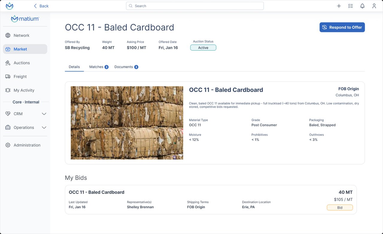 Recycled materials listing interface