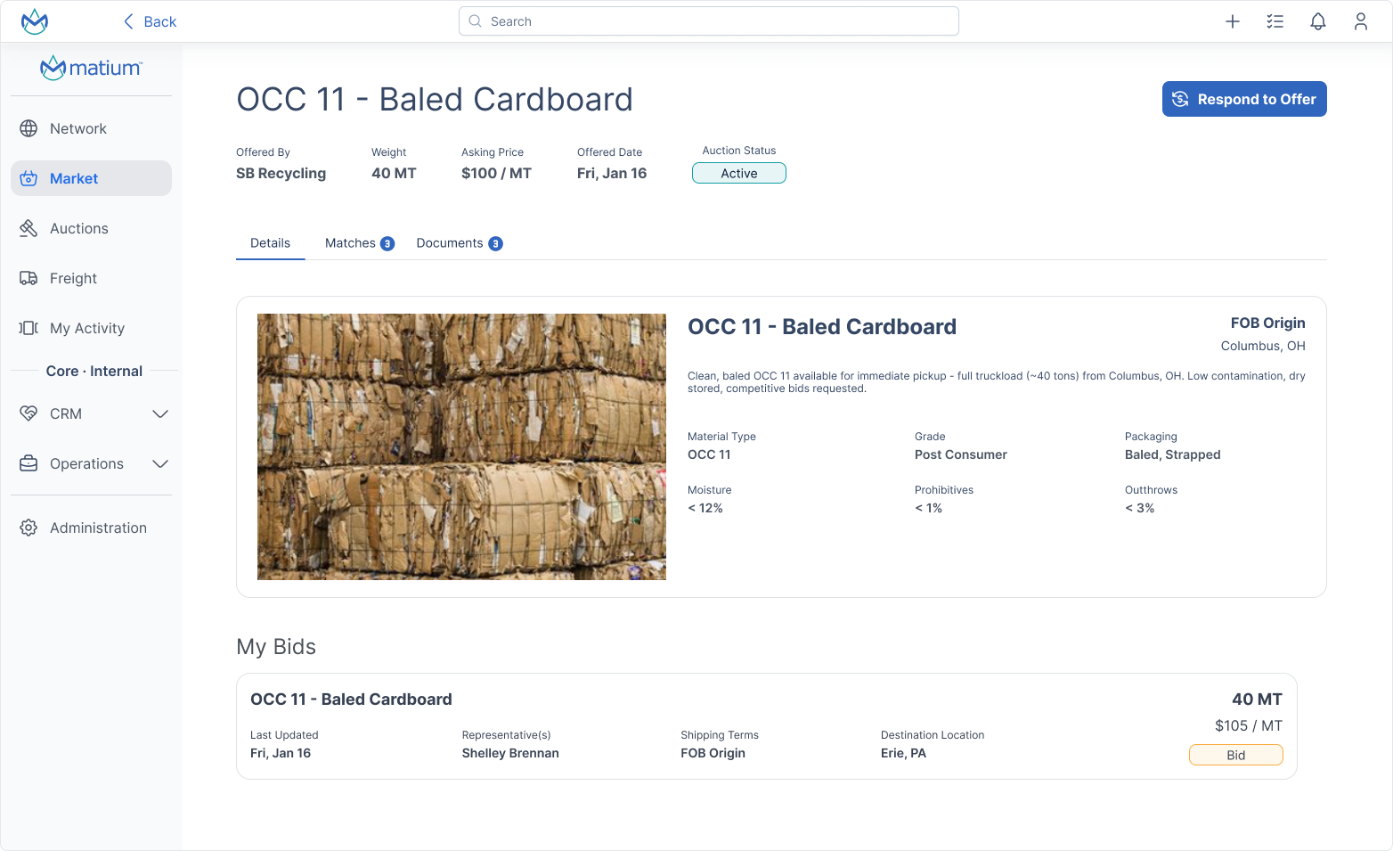 Recycled materials listing interface